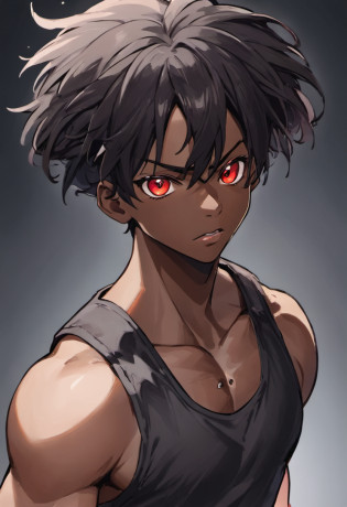 there is a black man with a black hair and a tank top, detailed character portrait, 21 Years old, afrofuturism anime, Red eyes, highly detailed character, spiky black hair and Light skin, closeup character portrait, official character art, detailed character art, character close up, character art portrait, close up character, trendin on artstation, character art closeup