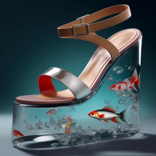 fashion ad for stylish dress sandals with quality leather uppers and huge chunky glass wedge soles made from transparent glass, glass wedge soles contain water and a koi fish, fashion runway background, photorealism --q 3 --v 5
