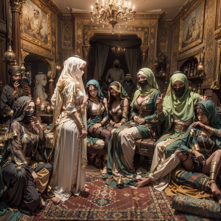 in a panoramic view?photorealestic?Full body like?In coastal cities?Modern luxury Arabian slave market?Slave girls monopolized the market?Six masked Arab slave girls were tied to the podium?binding?enslavement?Gaggage?bound waist?Blindfolded?handcuff?anklet?For people to choose?Luxury carpets?tapestry?Arabian luxury d�cor?Many Arab masked beauties?All Arab Beauty employees?All-Arab female guests?Masked woman in background opens wooden box?Drag out the bundled one?Slave girl trapped in a wooden box?A row of veils and masks on a luxury booth?Beautiful women wearing only underwear wear wear gorgeous burqas?There are female guests wearing veils?The masked female boss introduced on the side?All masked? Cinematic texture