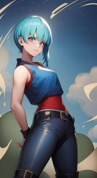 Bulma, 1Girl, cabelo espetado, cabelo ruiva, cabelo longo, Foco feminino, Estilo anime, Estilo Masashi Kishimoto, Naruto pants, cortar, ombros nus, munhequeira azul, Botas estilosas, musculosa, punhos cerrados, brava, dentes, furiosa, sozinho, olhos azul, wallpaper, ((obra-prima))