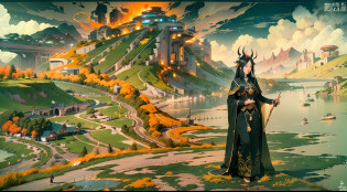 In this super grand scene?The wide-angle lens captures a striking picture?Two figures stand at opposite ends of the picture?The background is the collapse of heaven and earth?The lying corpses of the Heavenly Immortal Buddhas were as large as mountains, stretching across the void boundlessly?The golden sea of blood stretched to the sky?The Avenue of the Three Realms was broken?And in the boundless chaotic darkness?Above all?The figure of the weaver girl is graceful?Stand at this dark end?Like a blazing flame in the night?Like the goddess of darkness in a fairyland?Her presence exudes a majestic and majestic evil aura?She holds the Pauline lamp in her left hand?This is an artifact that symbolizes life and guardianship?The gentle glow of the lamp illuminates the cowherd?The right hand holds the heaven-opening axe?It was an ancient artifact that opened the world?The lines on the blade of the axe reveal ancient authority?There was fanaticism and determination in her eyes?As if a warrior in the dark?Do whatever it takes for some kind of goal?It seems to be an existence with endless wisdom?And across from her?It was the cowherd wearing a black robe?The black and yellow giant bull's head shadow stood behind him?This black scalper is huge?Carrying heavy history and strength?Its horns shone with a grim glow?It symbolizes an unshakable and firm will?His gaze is deep and powerful?As if it can penetrate the darkness?Find the light of hope?His battle robe fluttered in the wind?Reveals his bravery and determination?In front of it all?A thousand-square-foot high Magpie Bridge spans the void?Connecting darkness and light?It is a bridge beyond time and space built by countless hopes and loves incarnated as magpies?The Magpie Bridge emits a starry river?Like the last light between heaven and earth?A glimmer of hope for a world shrouded in destruction and darkness?The cowherd and the blackened seven fairies looked at each other and laughed?The eyes are full of tacit understanding and