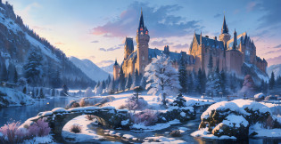 ((Hyperrealistic)) digital illustration inspired by the works of Caspar David Friedrich and Albert Bierstadt, transporting viewers to a captivating medieval Viking landscape in the midst of winter. This ((award-winning)) artwork captures the essence of symmetry and grandeur, showcasing a colossal medieval castle at the center of the composition.

The scene unfolds with breathtaking symmetrical precision. Towering snow-covered mountains frame the landscape on both sides, creating a sense of balance and harmony. The influence of Friedrich's meticulous attention to composition is evident in the perfect alignment of elements.

Dominating the center of the composition is a monumental medieval castle, its sprawling structure standing as a symbol of power and fortitude. Its architecture reflects the grandeur of the era, with towering turrets, majestic battlements, and intricate detailing. The castle's size is awe-inspiring, dwarfing the surrounding landscape and evoking a sense of (magnificence) and (awe).

The winter sun casts its gentle glow upon the scene, illuminating the castle's towering walls and casting long shadows across the snowy terrain. The play of light and shadow adds depth and dimension, further enhancing the sense of scale and (drama).

The landscape surrounding the castle is adorned with snow-laden trees and a frozen river that meanders through the composition. Delicate snowflakes drift softly from the sky, adding a touch of (whimsy) and (magic) to the scene. The absence of human presence allows nature to thrive in its serene beauty, enhancing the sense of (tranquility) and (mystery).

The color palette harmoniously blends cool tones of blues and purples with soft whites and hints of warm golden sunlight. The symmetrical composition, coupled with the majestic castle, creates a mesmerizing visual impact that draws viewers into the (enchanting) world of the medieval Viking landscape.

This ((ultra-detailed)) digital illustration pays homage to the artistic