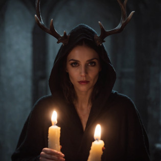 (a person wearing a black hooded robe and a satanic deer skull,a wax candle),(best quality,highres,gloomy,horror,satanic,dark color scheme),dimly lit background,gloomy atmosphere,flickering candle light,creepy vibes,detailed robe texture,dark and mysterious,haunting shadows,spooky aura,sinister expression in the eyes,subtle glow on the candle flame, cinematic camera angle