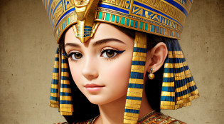 a GIRL OF CHILD blonde with long hair, A closeup of a bust of a woman wearing a hat, wearing an Egyptian crown, Nefertiti, ancient egyptian, egyptian, egyptian makeup, precise for egyptian tradition, egyptian art, makeup of egypt, beautiful and huge head ornaments, ancient egyptian art, ancient egyptian art, ancient egypt, beautiful cleopatra,  Egyptian princess, ancient Libu princess