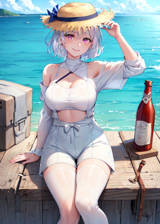 (masterpiece), best quality, highest quality, extremely detailed CG unity 8k wallpaper, detailed and intricate, original,highres, \\
1girl, youen,(23yo),mature female,solo,full body,white short hair,light smile, detailed pink eyes,sitting,looking_at_viewer,large breasts,covered breasts,\\
((long-sleeved)),white top,white_boots,(hat),((shorts)), \\
shore, pier, arm support, day, lighthouse, outdoors, sand, sky, remote mountain, cloud, ship, \\
beautifully detailed background,ocean, horizon, beach, beautifully detailed water, waves, watercraft, boat,\\
depth of field,loli:0.1,realistic:1.3, (ambient light:1.3),(HDR:1),Accent Lighting,