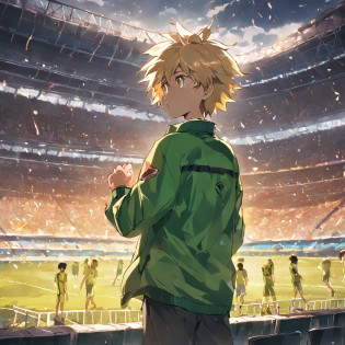 Make 4 different images (fundo com um estadio de futebol), (a very happy child being a football player) (a very happy man being a football coach) (The fans in the stadium) (The team they play for is green) (alguma imagem com o menino jogando futebol)