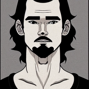 young man with long face, with clean shaven short beard, with dark hair, without hat, without glasses, with t-shirt, with hoodies, line art, ink, portrait, stroke only, style moebius.