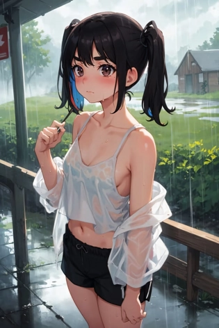 Original Character, Volumetric Lighting, Best Shadows, Shallow Depth of Field, Portrait Of Stunningly Beautiful Girl, Petite, Delicate Beautiful Attractive Face With Alluring Black Eyes, Sharp Eyebrows, Expressionless, Blush, Closed Mouth, Lovely Small Breasts, Layered Short Brown Twintail Hair, Blush Eyeshadow, Thick Eyelashes, Soaking Wet Clothes And Hair, See-Through Tank Top, Open Navel, Straps Short Pants, Cloudy Rainy Sky, Standing At The Rural Village Bus Stop In The Pouring Rain, Village Gravel Road, Looking Up The Sky, Puddle Water, Rainy Foggy Rustic Scenery, (Highest Quality, Amazing Details:1. 25), (Solo:1. 3), Brilliant Colorful Paintings