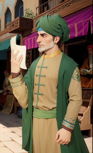 persian folktale artstyle, persian folklore illustration, Muslim residence, wearing a turban, reading a paper, Muslim people, correct anatomy of two hands, 15th century, medieval, middle-aged, with brown hair and brown beard, passersby face, npc face, mediocre,Featureless, not impressive