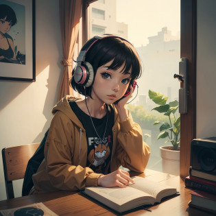 anime character sitting at a table with headphones a book and a cat, lofi girl, lofi art, lofi art style, lofi feel, lofi portrait, lofi colors, lofi, lo-fi art, lofi vibes, lofi vibe, lofi hip hop, satoshi kon artstyle, lofi girl aesthetic --auto