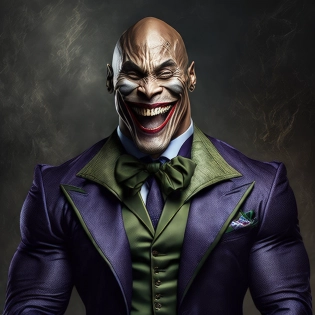 The Rock dressed as the Joker in a picture| He is laughing out loud| He is grinning lasciviously