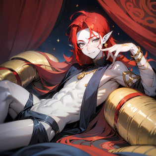 young man, (((male))), man, (((one person))), (((single))), (((solo))), ((1guy)), (((very pale skin))), ((pale skin)), (((red hair))), ((red colored hair)), (((grey colored eyes))), long hair, (((slim body))), slender body, slim figure, twink, (((flat chest))), (((fantasy style))), ((black colored fabric)), (((indigo colored fabric))), ((dark blue colored fabric)), transparent fabric, (golden patterns), ((wearing golden accessories in his hair)), ((golden jewellery)), ((pointy ears)), (((grey eyes))), smooth skin, stars ornaments, sun moon ornaments, stars decoration, (male face), smiling, circus tents in the background, nighttime, patterned fabric draped on the ground, circus in the background, (lounging on a big bed), seductive expression, inviting pose
