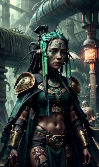 <lora:cyber_maya:0.8>, cyber_maya, masterpiece, 16k, UHD, HDR, the highest quality, Bronze Acid Green Citrus Orange, most excellent details, H. R. Giger, H. P. Lovecraft, (monster:1.1), torn cloth, fangs, moist, dressed, female humanoid, intimidating, eery, (ugly:1.1), rotten, decayed, tentacles, intestines, slime, covered body, rags