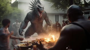IMAGE_TYPE: Photography | GENRE: Sci-Fi | EMOTION: Disaster | SCENE: Godzilla crashing a bbq party, grilling everything in its path and causing chaos and destruction | ACTORS: Godzilla, partygoers | LOCATION TYPE: Neighborhood | CAMERA MODEL: Canon EOS-1D X Mark III | CAMERA LENSE: 70-200mm f/2. 8 | TAGS: Godzilla, bbq party, disaster, destruction, chaos, sci-fi