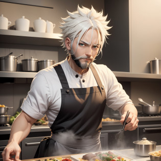 Anime characters with white hair and beard in the kitchen, best chef, chef Saitama one-punch man, happy chef, frontline CG, cooking show, Tanjiro Kamato, fine details. Frontline, Chef, from Azure Lane video game, inspired by Cao Zhibai, Chiba Yuda