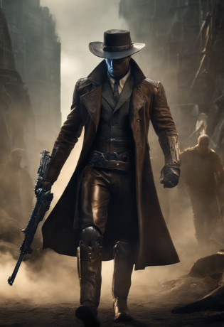 Visualize a male android, a striking fusion of human-like form and advanced machinery, standing in a post-apocalyptic wasteland. His sleek metallic body is both rugged and refined, reminiscent of iconic android characters from popular concept art. The android is dressed in a tattered, weather-worn duster coat, which flows dramatically in the wind. The coat, a patchwork of faded leather and aged fabric, exudes a sense of history and battle-tested experience. Beneath the coat, his sculpted, mechanical torso is visible, adorned with exposed gears and circuitry reminiscent of iconic cybernetic characters. These intricate details give him an air of technological sophistication. A broad-brimmed hat rests atop his head, casting his artificial face in shadow, just as popular android concept art often conceals facial features in mystery. Only one eye, a piercing blue light like those seen in renowned android designs, glows beneath the hat's shadow, conveying an aura of enigmatic determination. The lower half of his face is exposed, revealing a chiseled jawline and a set of mechanical lips. This juxtaposition of human and mechanical elements adds depth and intrigue to his appearance. One of his arms, an intricate masterpiece of polished chrome and intricate design, terminates in a hand that clutches a futuristic six-shooter. This weapon, with its intricate and ornate design, mirrors the iconic firearms often seen in cybernetic and android concept art. In this moment, amidst the desolation of the wasteland, the android stands as a captivating embodiment of popular android character concepts. The wind stirs his coat, creating a dynamic and visually arresting tableau. The Stranger is poised for action, a male android who captures the essence of technological prowess and mysterious determination.