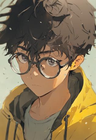 A closeup of a 27-year-old with glasses and a yellow jacket, Brasil, S�o Paulo, academia, inspired by Almeida J�nior, edu souza, Brasil, Asao Urata | |, sao paulo, Directed by: Fernando Gerassi, ou, Esuthio, by Almeida J�nior, Sempe, piece of master, description, Ando Tadao
