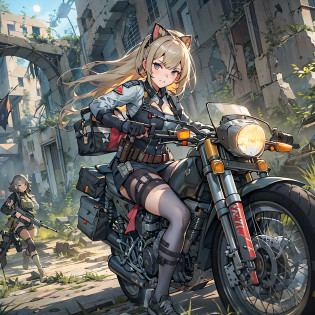 Anime girl riding a motorcycle in the ruins, girls frontline style, from girls frontline, Fine details. girls' frontline, girls' frontline, girls frontline cg, infantry girl, Women's Last Tour, soldier girl, M4 Sopmod II Girls Frontline, anime maid ss military, girls frontline universe, Mechanized soldier girl, Majora?lieutenant colonel?Girls Moon?Start of battle?