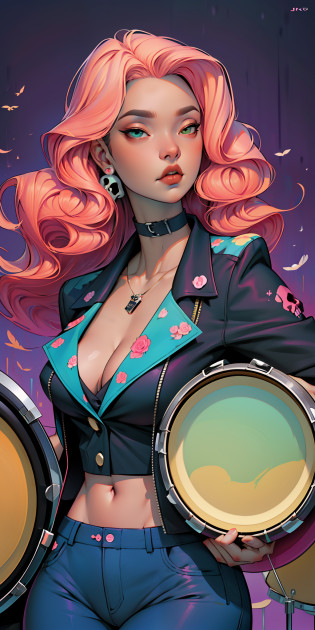 Background, In chic boho style, in club, Ice cream print, multi-colored neon lights, neon garlands, rose hair, mixed-language_SMS, Japanese, (beautiful and clear background:1.2),, fantastic paintings ,graffit style, highly detail eyes , underwear, lace, latex, Pink, Purple, mint, Blue, Yellow, belve, lavender hair, Skull Print, body piercings, Loving, Love, ultra detail hair, Masterpiece, Best Quality, hiquality, hight resolution, detail enhancement, ((most beautiful image in the world)), Masterpiece, Best Quality, hiquality, hight resolution, detail enhancement, ((most beautiful image ), Shiny pink degrade hair, Ultra Short Fitted Stampa, art by stjepan sejic, art by j scott campbell, Artist Guillem March, art by citemer liu, 4k, hight resolution, comic book character, comic, high quality detailed,   style of ::2.0 comix illustration style,tatoon style, hiquality, hight resolution, detail enhancement, 8K, HD, Best Quality, hiquality, hight resolution, detail enhancement, 8K, HDR, sharp-focus, Ultra Detailed, perfect  lighting, Curvy Body, Lush breasts, Curvy hips, skull print on clothes, rock, rock star, Cool,black leather jacket with skull print, style of, spikes, Punk Rock, Wolf, Cat's ears, Cool bracelets, Choker, calavera, gotik, Skinny,  (((Plays drums))) Plays drums, Plays, Drums, drams drummer, drumsticks, virtuoso, Angel, feathers, ?????? print