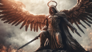 an image of an angel of God with a sword standing in hell, Anjo no inferno, arcanjo, angels vs demons, angel watching demon, angels and demons, anjo protegendo o homem, Arcanjo Miguel, O Anjo da Morte, Battle between angels and demons, anjo super largo, epic angel wings, angels protecting a praying man, necessidade humana anjo da morte. ((imagem epica)), ((alta qualidade)), 16k