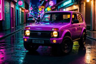 <lora:NIVARBN:.7> NIVARBN Hotwheels, glitter, synthwave, 8K, high detail, caberpunk, dark alleyway, JDM, 8K, night, photography, rain