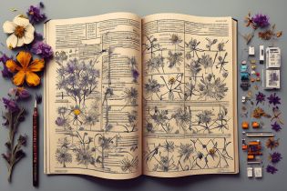 <GlowingRunesAIv2:0.7> SteampunkSchematics, oil painting, (wild flowers:1.4), intricate, detailed, masterpiece, colorful,  <lora:knolling3:0.3> knolling, calligraphy