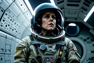 cinematic 8k wallpaper of Ellen Ripley from Alien movie, astronaut, [perfect symmetric] helmet on, visor closed, looking up, action pose, standing on background of Nostromo space shuttle [intricate] interiors , sci-fi, Ray Tracing, ultra detailed, highest detail quality, �chiaroscuro, ultra realistic, epic realistic, promotional art, overcast reflection mapping, hyperphotorealistic, rim light, stoic cinematic 8k, movie quality, ultra realistc, shot on Canon 5d, octane render, 8K