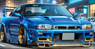 car with headlights turned on in a city street, hyper detail illustration, nissan r34 gtr, nissan gtr r 3 4, full view of a car, full view of a sport car, in a modified nissan skyline r34, background hyper detailed
