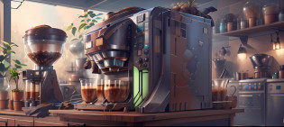 SolarpunkAI Coffee Machine, laboratory, ((obra prima)) HDR, high resolution, alto detalhamento, coffee shop, coffee beans, 8k