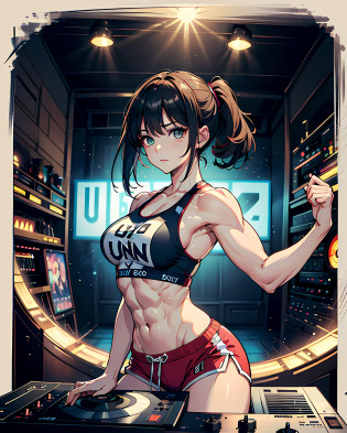 (masterpiece, best quality:1.37), ultra-detailed:1.37, hyper-sharp:1.37, anime style, An illustration of a female bodybuilder with a height of 2m who is DJing while showing off her muscles.

The female bodybuilder is 2m tall and has a muscular build.
A female bodybuilder wears a tank top and shorts, exposing her muscles.
A female bodybuilder is standing in a DJ booth and playing music with turntables and a mixer.
A female bodybuilder is playing music while showing off her muscles.
Audiences are overwhelmed and go wild with her female bodybuilder muscles.
This illustration shows a strong and dynamic representation of a 2m tall female bodybuilder DJing while showing off her muscles. You can clearly see the enthusiastic audience overwhelmed by the muscles of the female bodybuilders.
