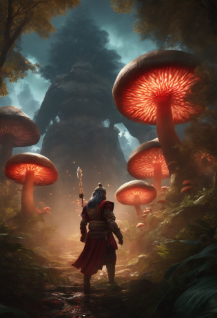 Stylish Japanese anime digital illustration, Ise is a success?Japanese Ise Kaitensei anime?Guan Yu lands in the jungle of another world?Otherworldly jungle?Reminiscent of the jungles of Vietnam?Feminized Guan Yu?nioh standing?Red glow background, Standing on the ground?boast?The ground is covered with mucus?A large group of mushrooms sparkles around the tree?Intimidate a bunch of monsters with his proud hegemony?Hyper Sharp Image, Hyper Sharp Image, Shinkai sincerely, Toriyama Akria, Gibri, Zelda,