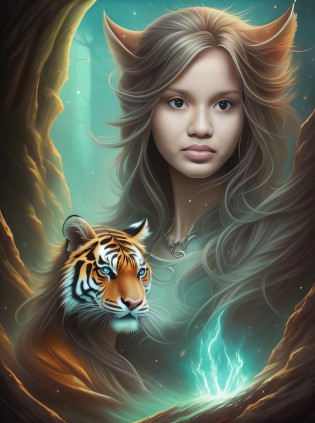 a painting of a girl with a tiger in her arms, retrato bonito da arte da fantasia, retrato da arte da fantasia, realistic fantasy illustration, retrato bonito da fantasia, Graphic artist Magali Villeneuve, pintura de fantasia realista, retrato de fantasia fosco detalhado, retrato da fantasia, retrato de fantasia digital, arte digital fantasia arte, Pintura digital de fantasia, arte do retrato da fantasia, capa de romance de fantasia para jovens adultos, arte de fantasia realista