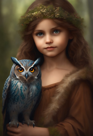 Create a hybrid child with half an owl child with owl traits and feathers for a DND RPG with owl wings and owl eyes