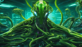 Photographic still of an alien with snakes and beetles, Durchscheinende Haut, Teeth dripping,, Neon green veins, die unter der Haut sichtbar sind, dunkel, sensitive