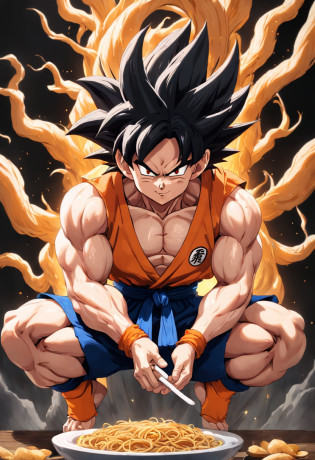 Dragon Ball Goku?Great ape, full body portrait?of a real?Facial features are carefully depicted?Realistic skin texture?Dark style?depth of fields?high light?Real light?Ray traching?oc rendered?Hyper-realistic?best qualtiy?8K?Works of masters?super-fine?Detailed pubic hair?Correct anatomy?sharp focus on eyes?facial features are carefully depicted. Goku Disfrutando de Fideos Chinos en un Restaurante