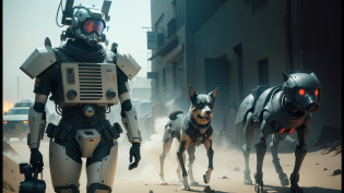 there are two dogs walking behind a robot man in a gas mask, death and robots, love death and robots, death and robots two in the void, film still from movie dune-2021, from a 2 0 1 9 sci fi 8 k movie, love death + robots, movie still of aztec cyborg, death + robots series of netflix --auto --s2