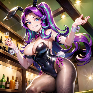 Starlight Glimmer, Starlight Glimmer from My Little Pony, Starlight Glimmer as Girl, Long Hair, Luxurious Hair, Lush Hair, Evil grin, Fight, Fighting stance, In a bar, Full body visible, Big Breasts, Bulky Breasts, Lush Breasts, Playboy bunny, bunny tail, bunny suit, bunny ears, leotard