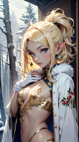 cute loli elf,(((little loli,tiny little body,little))),(((6 years old))),((anime elf loli with extremely cute and beautiful blonde hair)), (((elf))), (((elf ears))),

(((flat chest))),((((blonde hair:1.35,messy blonde hair,colored inner hair,ear breathing)))),(((eyes golden:1.3))),intricate eyes,beautiful detailed eyes,symmetrical eyes,big eyes:1.5,(((lustrous skin:1.5,bright skin: 1.5,skin tanned,shiny skin,very shiny skin,shiny body,plastic glitter skin,exaggerated shiny skin,illuminated skin))),(delicate detailed fingers,detailed body,(detailed face)),

cute,slutty,erotic,daring,((nsfw)),

zettai ryouiki,revealing clothing,show skin,(((Sexy ivory fur coat, ivory fur coat outfit, wearing a ivory fur coat:1.3,ivory winter coat))), ((ivory mini-skirt,ivory mini skirt with furry edge,visible thong straps)),(white gloves,ivory clothes,semi-naked,with little ivory clothing,((((furry edge clothing)))),(((intricate outfit,intricate clothes,embroidered outfit,ornate outfit,embroidered clothes,ornate clothes))),

(dynamic pose:1.0),embarrassed,(centered,scale to fit dimensions,Rule of thirds),

((snowy pine forest at night)), with dark stormy clouds,winter,scenery:1.25,((snow forest background)),Christmas tree,

highres,sharp focus,(ultra detailed,extremely detailed),(photorealistic artwork:1.37),(extremely detailed CG unity 8k wallpaper),(((vibrant colors,vibrant theme))),(intricate),(masterpiece),(best quality),