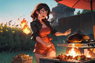 (best quality| masterpiece)| ((multiple others))| ((charcoal grill on fire)) in backyard| burning and burnt food| green grass| BBQ| people running around| confused| yelling| (pointing at another)| chaos AND confusion| summer party| grilling
