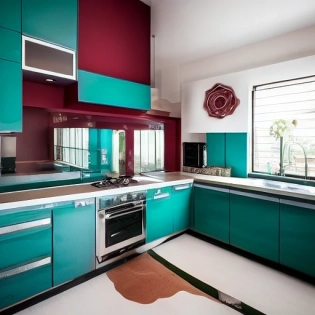 Many Kitchen items on the kitchen counter Sharp lens angles light burgundy and teal walls American style kitchen Clear, Impressive, Visual, Modern, 64k