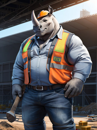 ��A photorealistic portrayal of a strong and industrious rhinoceros dressed in a construction worker's uniform. The rhino should be depicted wearing a hard hat, safety vest, and work boots, ready for a day of construction work. The rhino constructor should be posed with a determined and confident stance, perhaps holding a blueprint or a construction tool. The background should be a construction site or a city skyline with ongoing construction projects, emphasizing the rhino's role as a diligent builder. The lighting should be bright and focused on the rhinoceros, highlighting its rugged features. The camera shot should be a full-body shot, capturing the rhino's powerful presence and the fine details of its construction worker's outfit. The resolution should be 8K or higher to showcase the majestic textures of the rhino's skin and the construction materials. The render style should aim for a professional and polished look, suitable for a construction company's advertisement or a construction-themed magazine cover. Art inspirations can be drawn from photographs of construction workers and urban construction scenes. (((strong industrious rhinoceros))), (((construction worker's uniform))), (((construction site))), (((bright lighting))), (((full-body shot))), (((8K resolution))), (((professional render style))).�