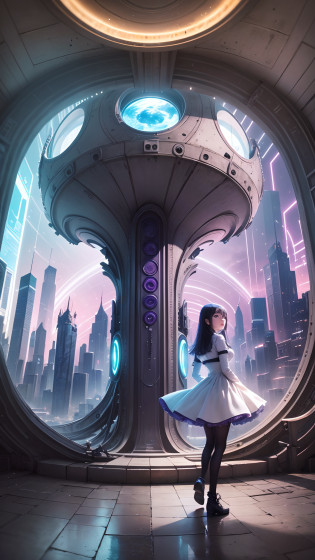 Dreamy, romantic, a girl from the future, looking into the camera,wearing a white dress, standing in front of the high-tech installation, With your back to the blue-purple portal::1.2, her eyes shining with hope, because she is about to cross the portal and explore another unknown world, this world full of technology and fantasy, the whole scene is full of strange creatures and buildings and flying machines, It makes people feel infinite possibilities. A portal is a high-tech device that glowed blue-purple, giving a sense of mystery and the future. The girl's positive expression and posture show her curiosity and courage to the unknown world, producing a strong desire to explore, surrealistic style, masterpiece, 8K, the best quality, --auto --s2