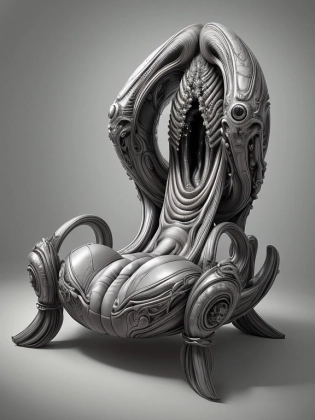huge HR Giger style chair, concept furniture, painting on grey, hyper realistic, illustration, digital art, trending on artstation, highly detailed, fine detail, intricate, diagnal view