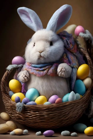easter bunny, high ornamented light armor, fluffy fur, basket full of painted eggs, 70mm, cinematic, highly detailed
