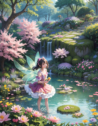 Kame-chan walked into the garden pond excitedly. Colorful flowers were blooming there, and a sweet aroma was in the air. The pink, blue, and yellow flowers welcomed Kame and seemed to be smiling.

In the garden pond also lived many five little fairies. As Kame-chan approached, the fairies began to dance. They had sparkling feathers and greeted Kame-chan with a cute smile.

