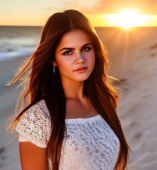 photo of pretty sweet amazing wonderful norwegian girl selena gomez on a beautiful sunny beach in the sunset, top model, realistic round brown eyes, summer beach dress, makeup, romance! ! ! , beautiful, pretty, detailed gorgeous face! ! , god rays, intricate, elegant, realistic, highly detailed, depth of field
