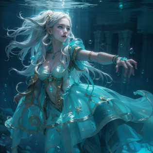 (Numerous award-winning masterpieces, with incredible detail, textures and maximum detail), (God who rules the underwater world: 1.6), (Forgotten Ancient Water Spirit: 1.6), (full-body standing image:1.8), (upper body up:0.3), (best quality real texture skin), (hyper realistic:1.4), (realistic:1.3), (upper body up:0.3), (So much gold and silver treasure has sunk to the bottom of the surrounding water that there is no place to step: 1.8), (Large translucent cephalopod guarding treasure: 1.8),, (((in water))), (Dim underwater bottom: 1.6), (Bright water bottom during daytime: 1.6), (finely detailed true circle Symmetrical eyes), (beautiful and delicately drawn face), ((medieval world)), (full body display: 1.7), (clear eyes that shine brightly in the eyes), (She has a mischievous smile on her face), (Jewels and gold and silver scattered around: 1.8), (Moss-covered stone statues: 1.8), (Sunken temples, sunken ancient cities), (Throne next to a strongly emitting magic circle: 1.9), (Shining majestic water and light:1.2), (Eyes that glow blue in the dark:1.5), (pair of Ice-blue eyes with bioluminescence strong blue light emitting from within:1.5), (full body view:1.7), (Underwater Treasure: 1.8), (Swirling water stream and tidal current in the background), (Dramatic Light), (Her countenance is gentle and beautiful), Glass earrings on the ears, (dramatic photo:1.4), (dramatic pose), (golden hair), (silver hair), (chestnut hair), (full body view:1.7), ((looks up)), ((looking down)), (Around her neck is a simple necklace of exquisite workmanship), (Bio luminescence with a brilliant glow:1.3), (beautiful fish in the surroundings:1.2), (creatures in the surrounding transparent and beautiful water:1.6), (full body view:1.7), epic realistic, faded, art, (Greg rutkowski:0.8), (teal and orange:0.4), (art station:1.5), cinematic, ((neutral colors)), (hdr:1.5), (muted colors:1.2), hyper detailed, dramatic light, (intricate details:1.1), complex background,