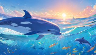 Painting of a dolphin swimming in the colorful ocean, Look at the composition, Medusas y ballenas del cielo, inspirado por Cyril Rolando, a beautiful artwork illustration, autor?Shitao, Arte conceptual colorido, Makoto Shinkai Cirilo Rolando, al estilo de Cyril Rolando, Ballena voladora, Acuarela 8K altamente detallada, Acuarela muy detallada 8 K?octano?Fin?realista?8k?Estilo Makoto Shinkai( Reasonable design, Clear lines, alta nitidez,La mejor calidad, muy detallado, Pieza maestra, Film light effect, 4k )