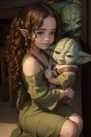 a beautiful human girl with curly brown hair holding a baby Yoda in her lap, Grogo, yoda guerra nas estrelas, art-station, cgi_animation, curly_hair, cute_girl, baby_yoda.