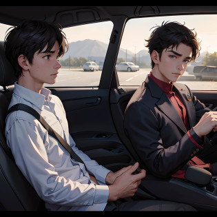 Two 15-year-old men .sitting in a car watching a TV screen, highlight scene of the movie, screenshot from a movie, still from a live action movie, still from a movie, scene from live action movie, Still frame of a movie, still from movie, scene of a movie, still shot from movie, shot from movie, movie screen shot, llave fija